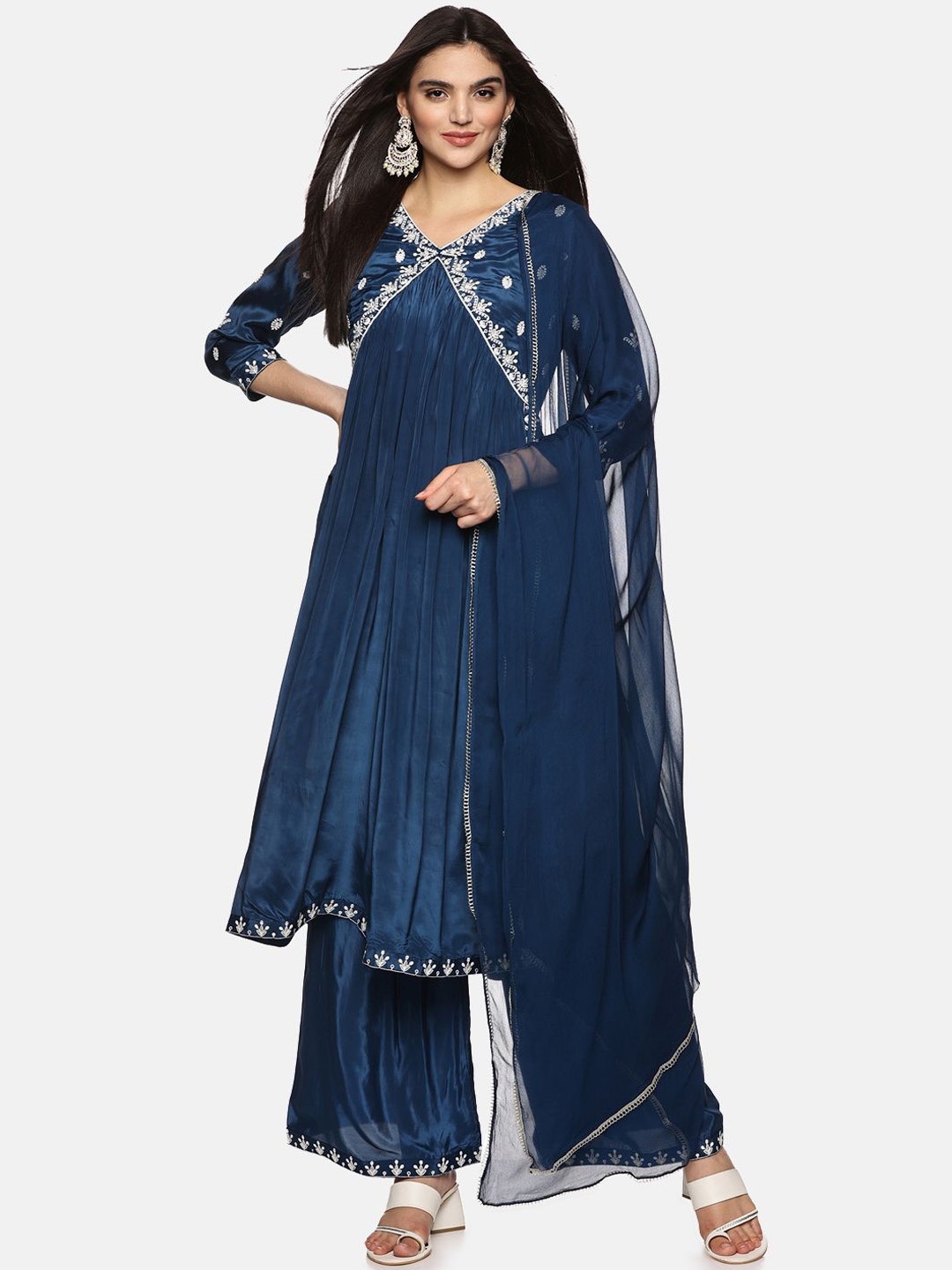 

RAJMANDIRFABRICS Women Pleated Mirror Work Pure Silk Kurta with Trousers & With Dupatta, Blue