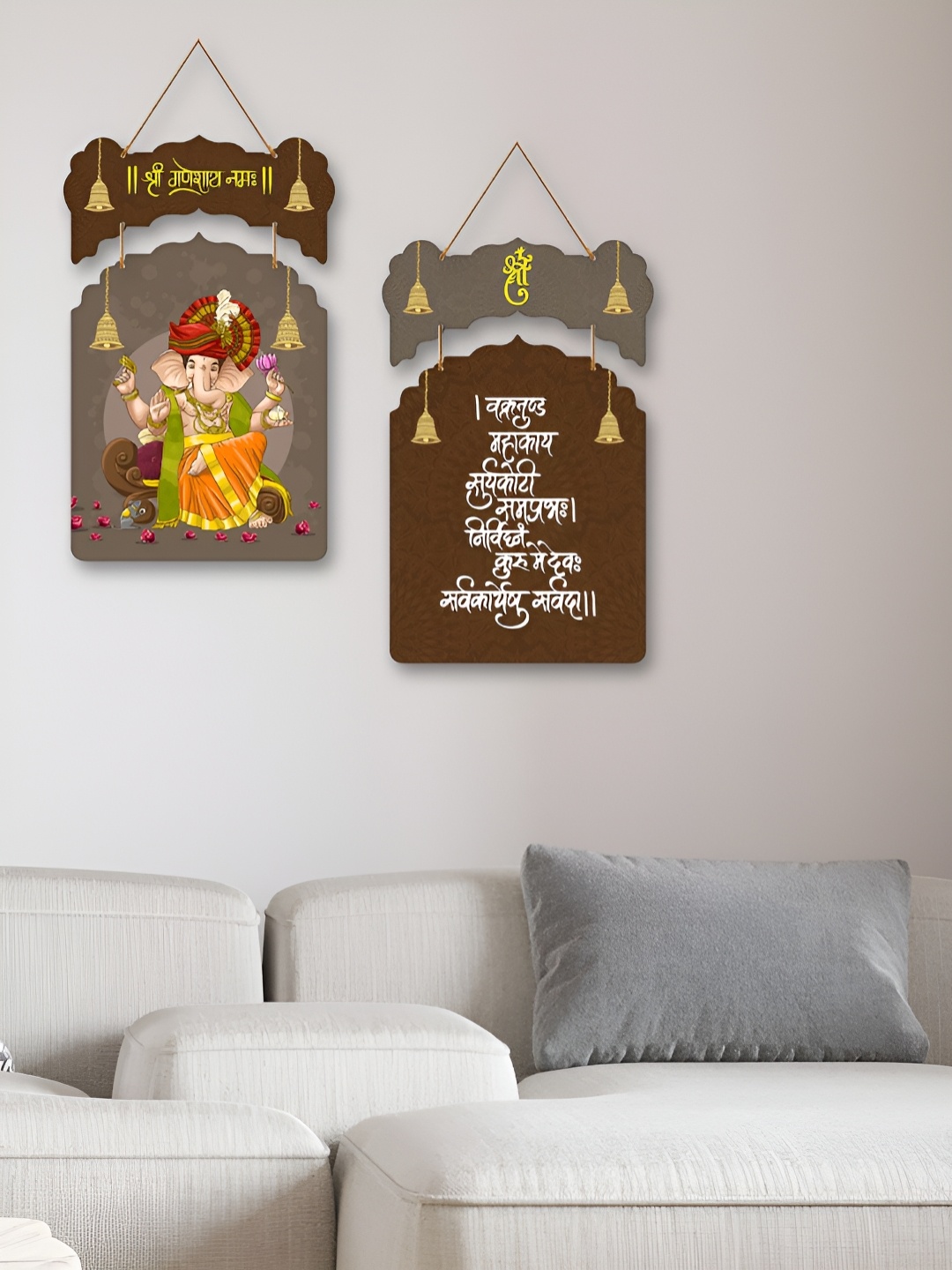 

ArtVibes 2-Pcs Brown & Orange Coloured Lord Ganesh Printed Wooden Wall Hangings