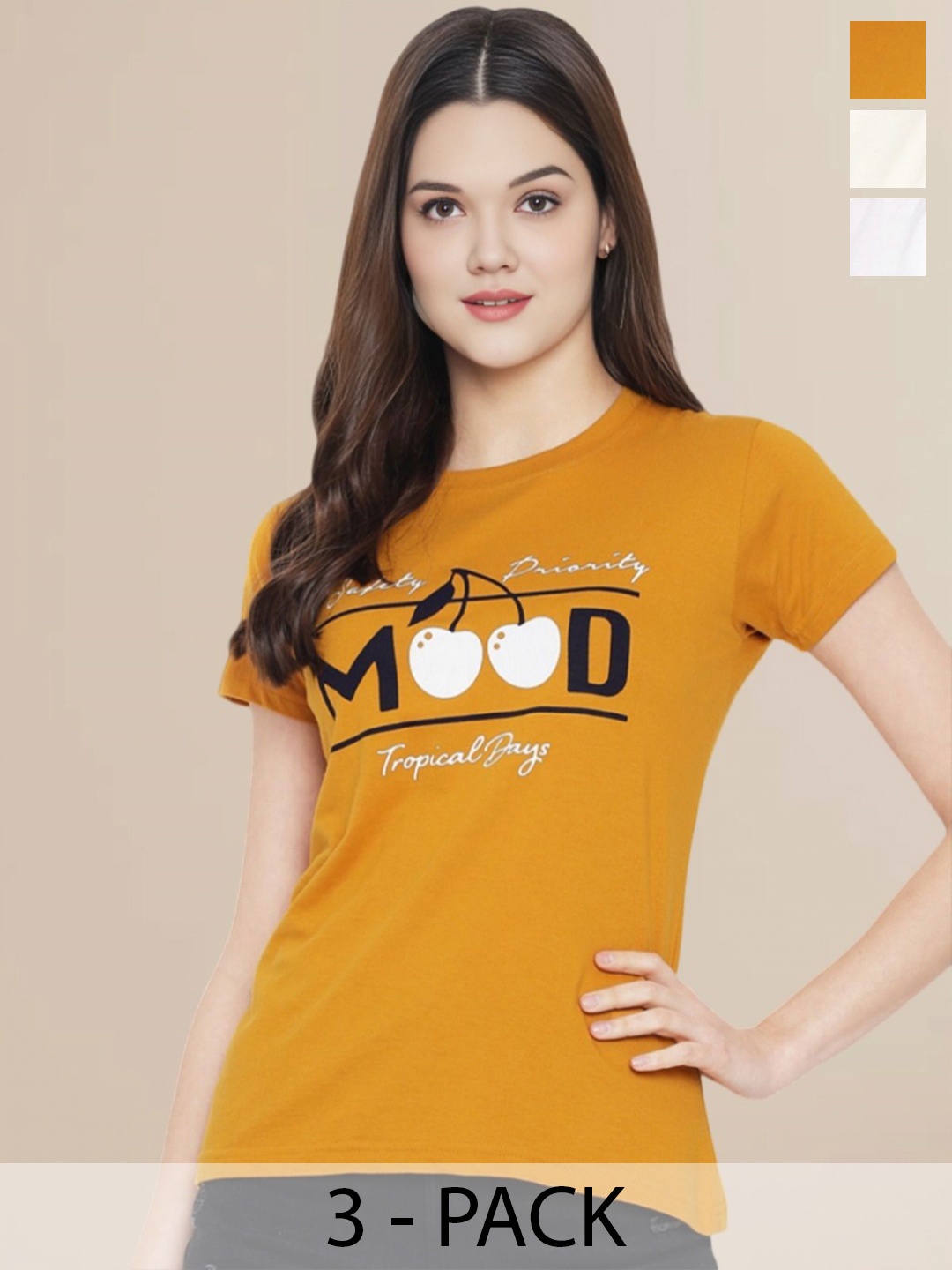 

Metronaut Women Pack Of 3 Typography Printed Round Neck Cotton T-shirts, Mustard