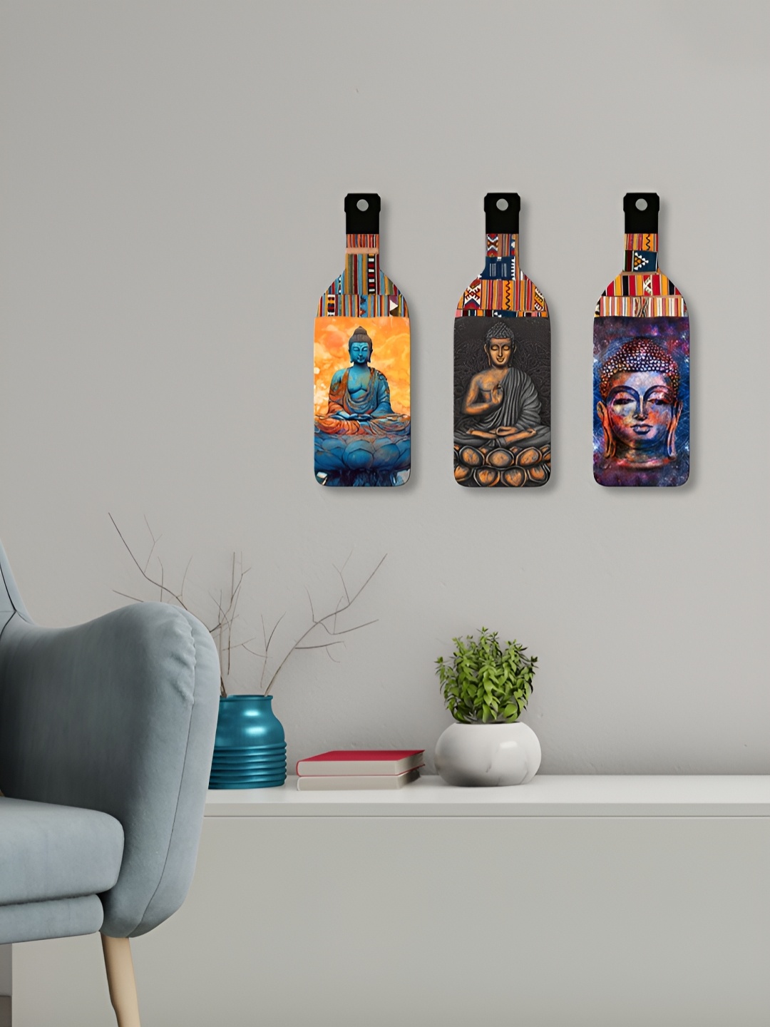 

ArtVibes Set Of 3 PrintedMeditating Gautam Buddha Bottle-Shaped Wooden Wall Hanging, Blue