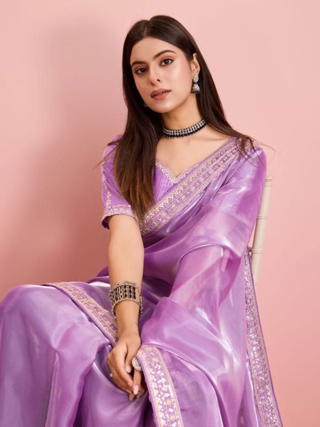 

HERE&NOW Embroidered Ready to Wear Saree, Lavender