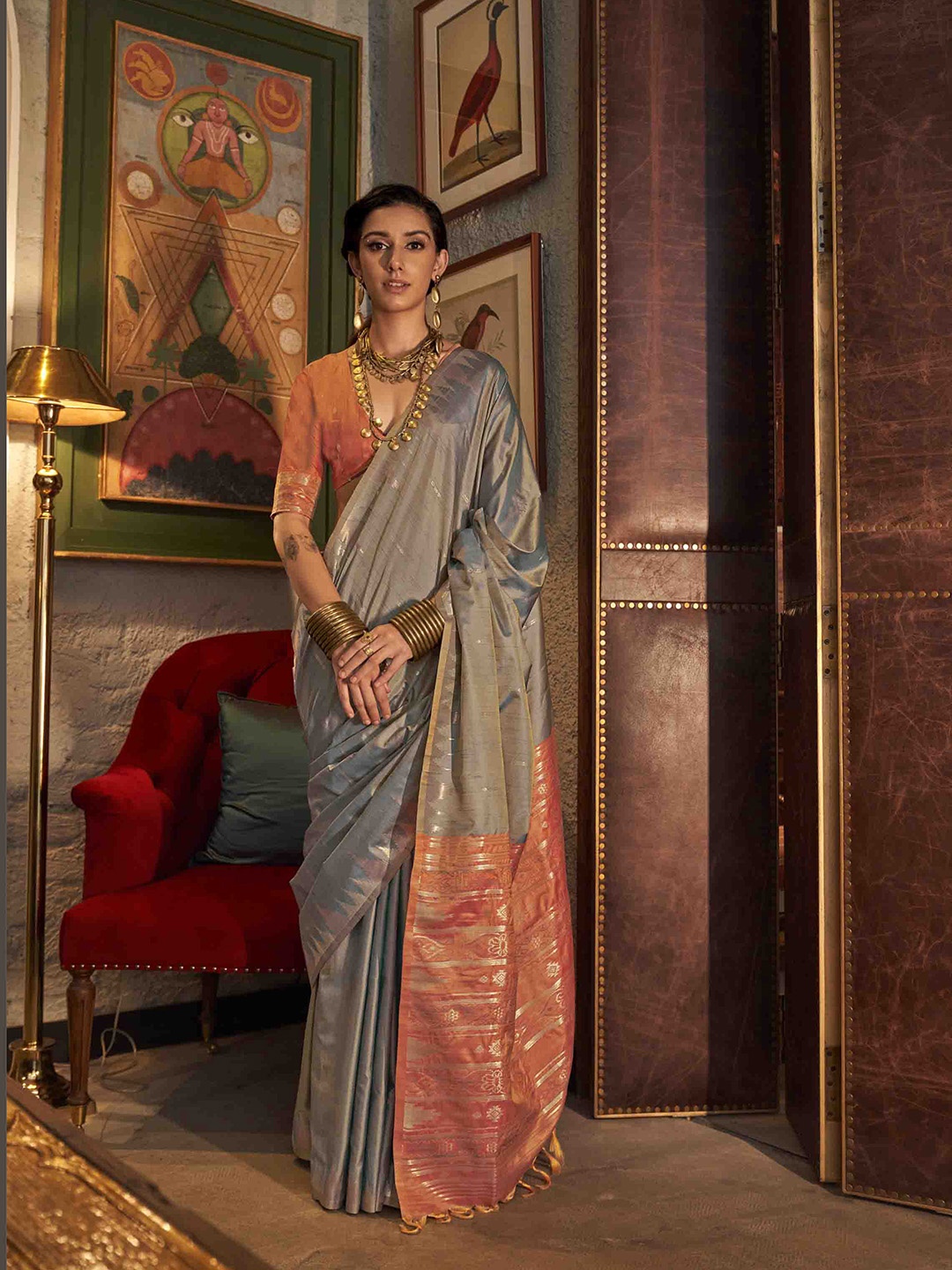 

Mitera Woven Design Zari Silk Blend Tussar Saree, Grey