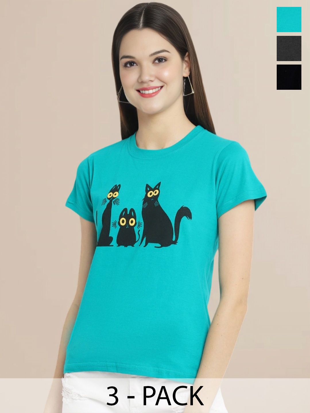 

Metronaut Women Pack Of 3 Typography Printed Round Neck Cotton T-shirts, Black