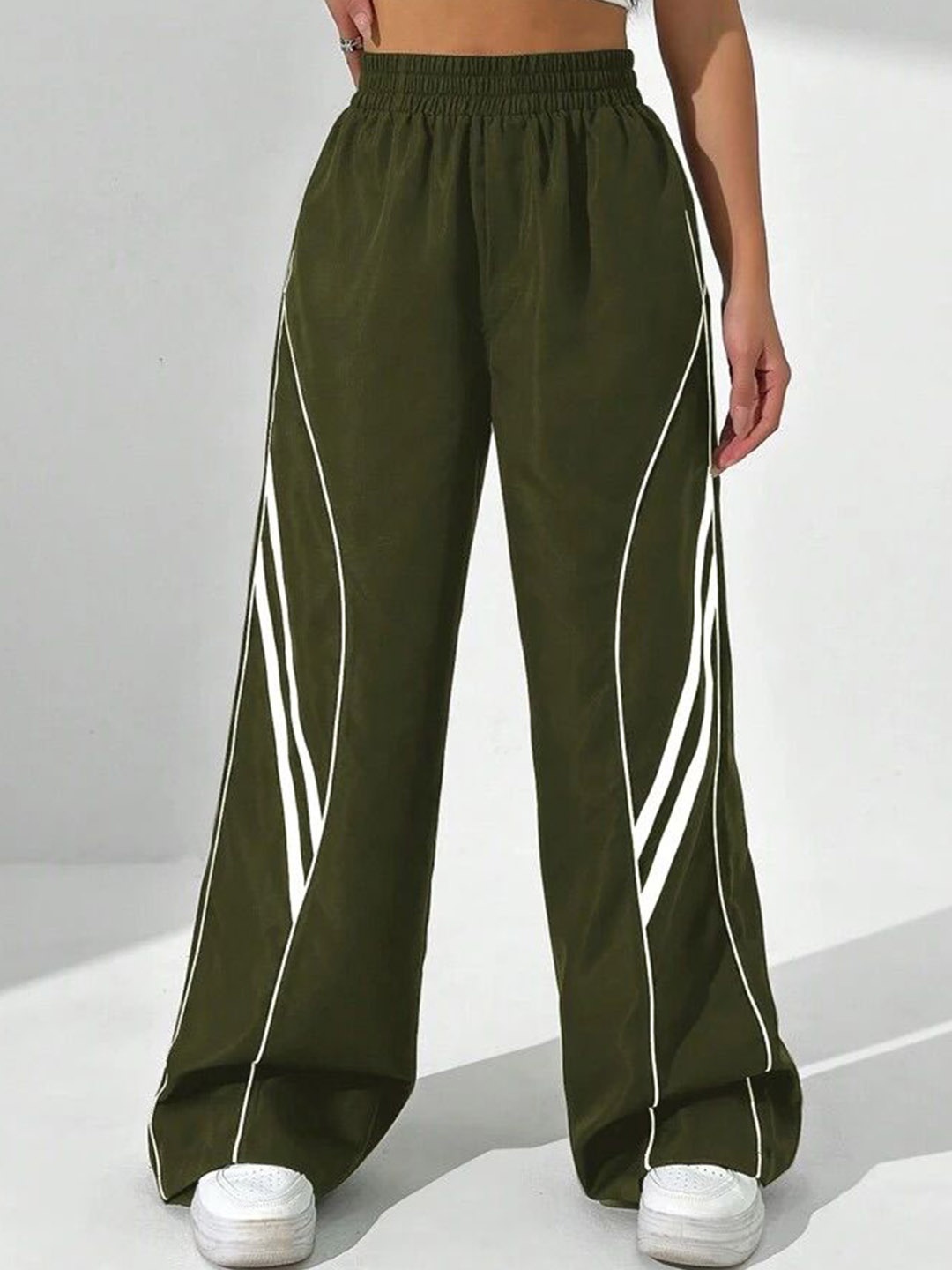 

TABADTOD Women Striped Relaxed Loose Fit Trousers, Olive