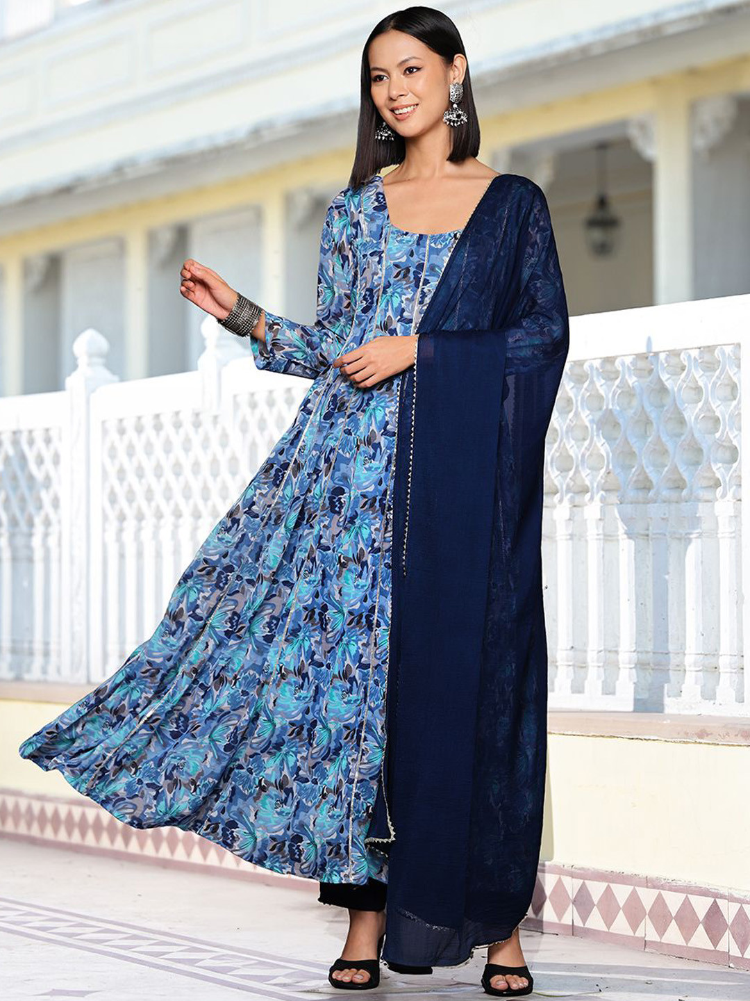 

Varanga Floral Printed Gott Patti Georgette Anarkali Kurta With Duppatta, Blue