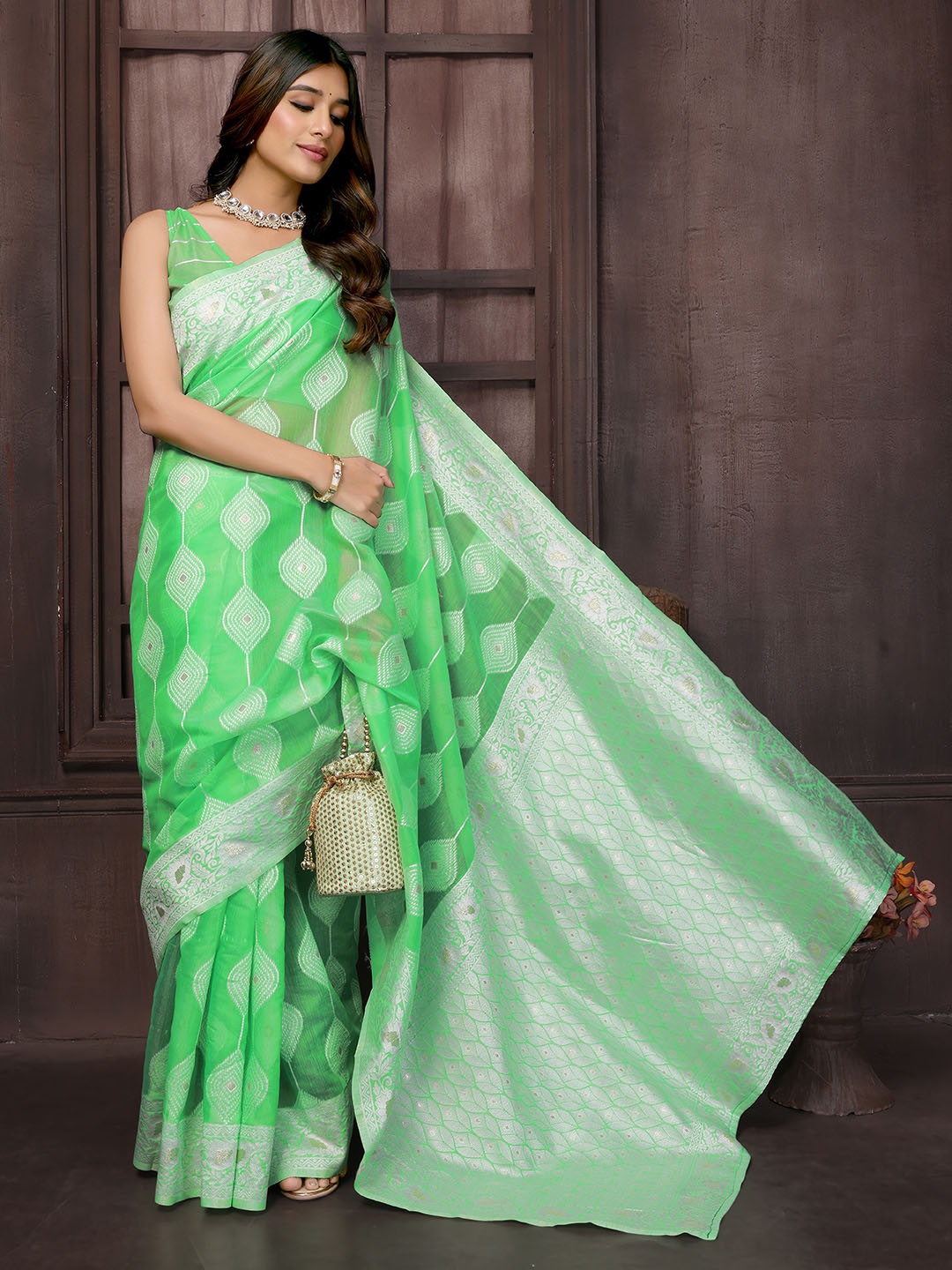 

KALINI Ethnic Motifs Zari Saree, Green