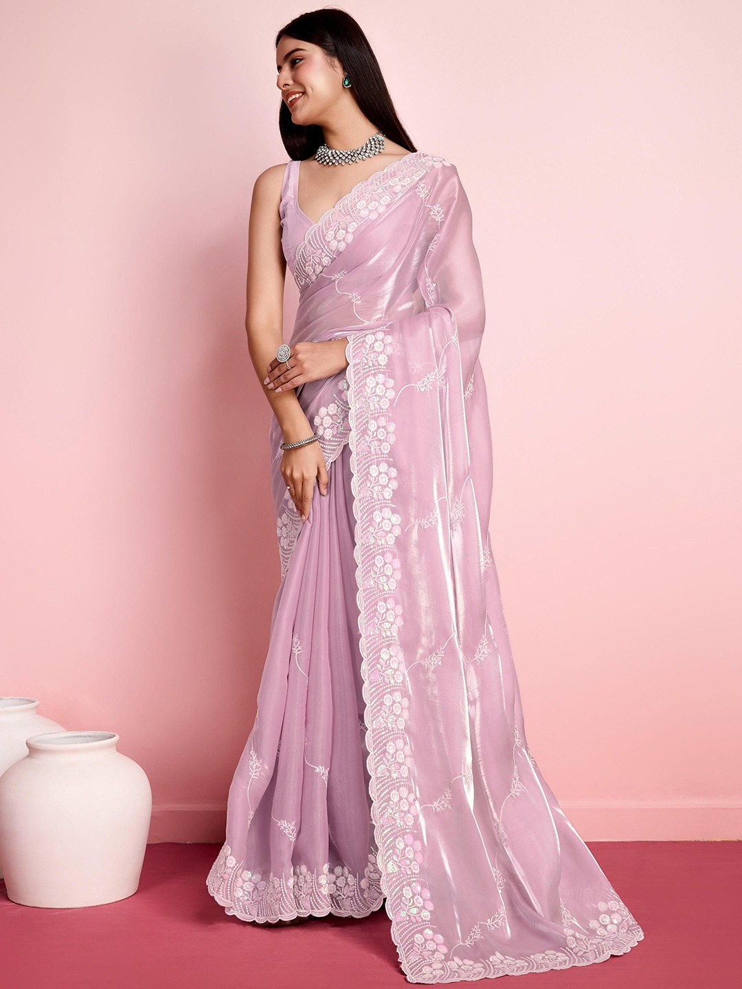 

HERE&NOW Floral Embroidered Sequinned Ready to Wear Saree, Mauve
