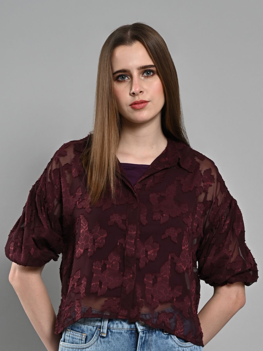 

IZEL Women Opaque Floral Print Casual Shirt, Burgundy