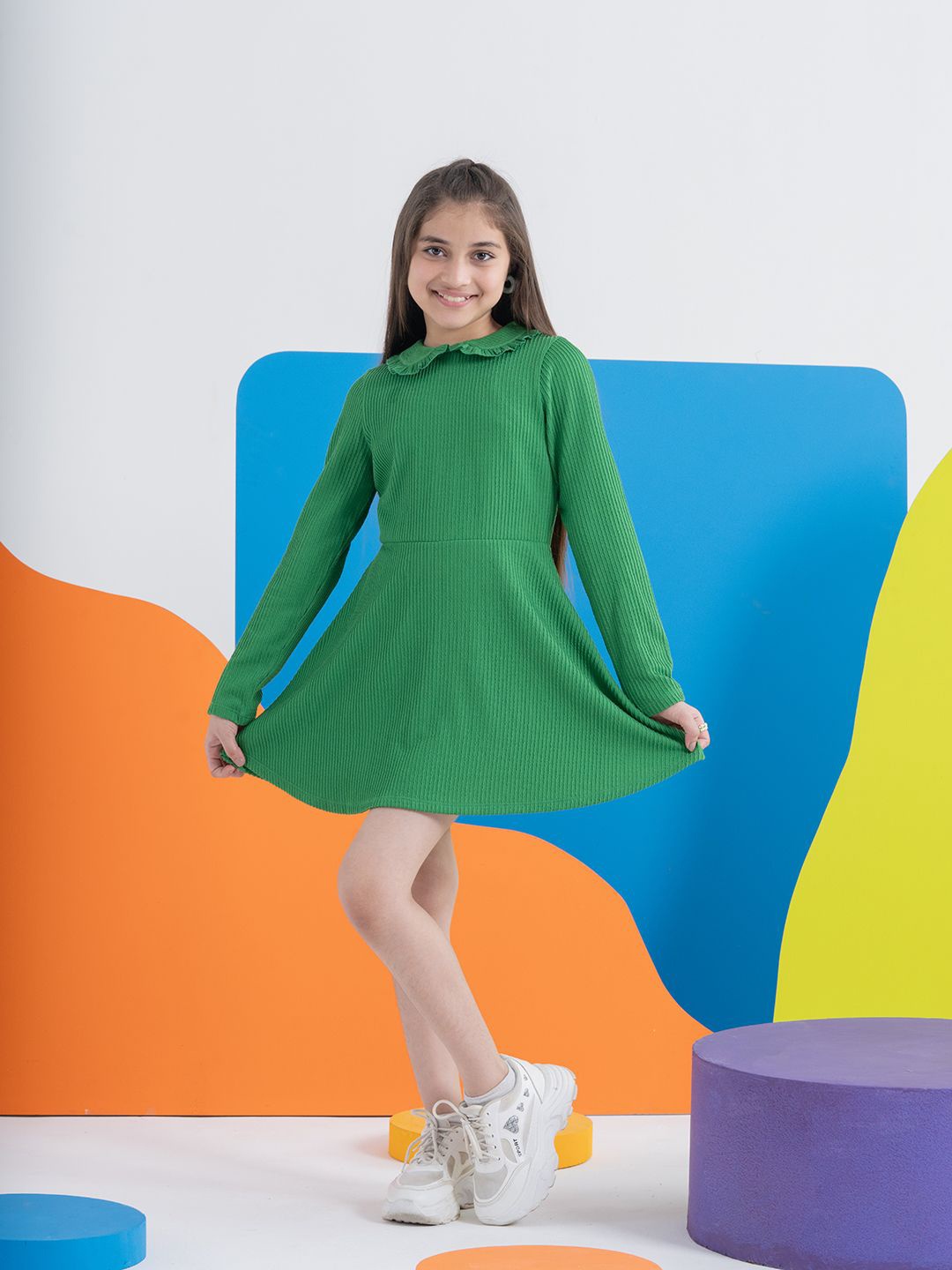 

SPUNKIES Girls Peter Pan Collar Jacquard Fit & Flare Mini Dress, Green