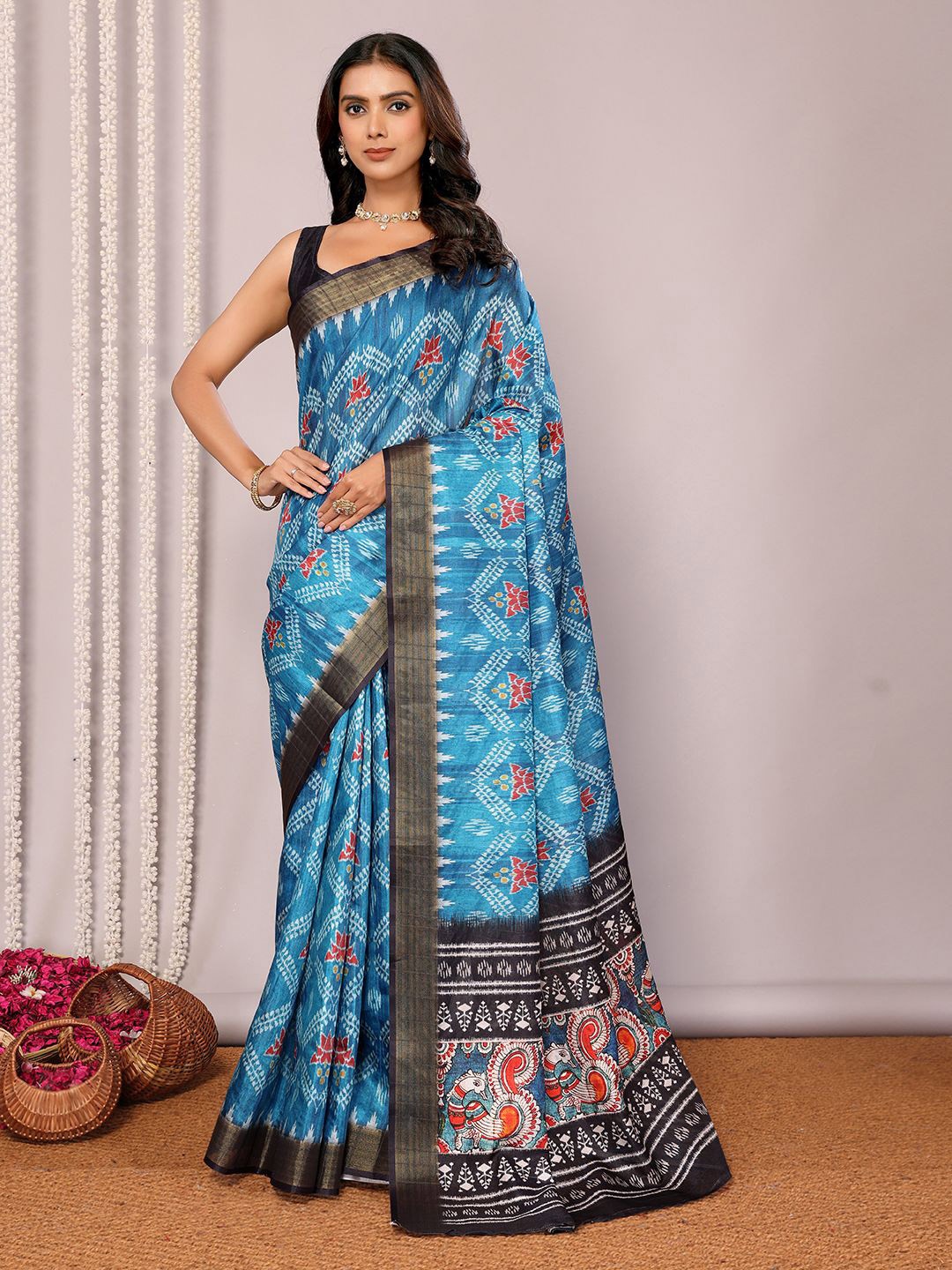 

KALINI Floral Silk Blend Chanderi Saree, Blue