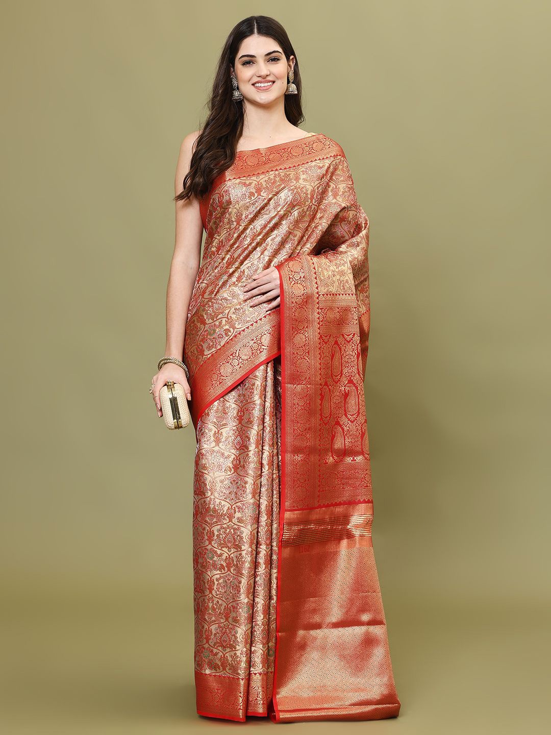 

Meena Bazaar Ethnic Motifs Woven Design Art Silk Heavy Work Saree, Red