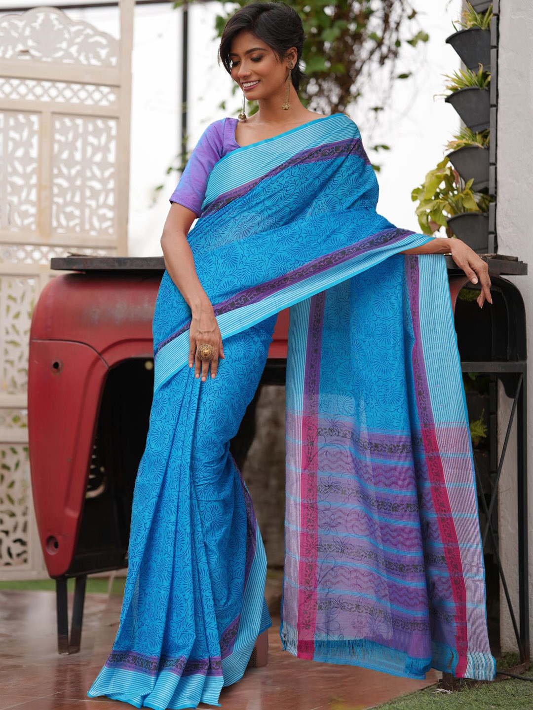 

Unnati Silks Ethnic Motifs Pure Cotton Handloom Mangalagiri Saree, Blue