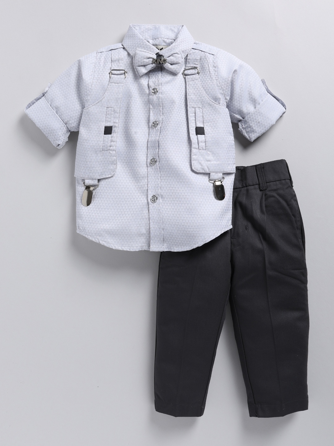 

LITTLE COLLARS Boys Printed Shirt with Trousers, Grey