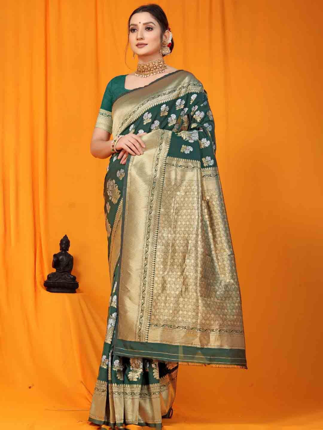 

Royal Rajgharana Saree Floral Zari Pure Silk Banarasi Sarees, Green