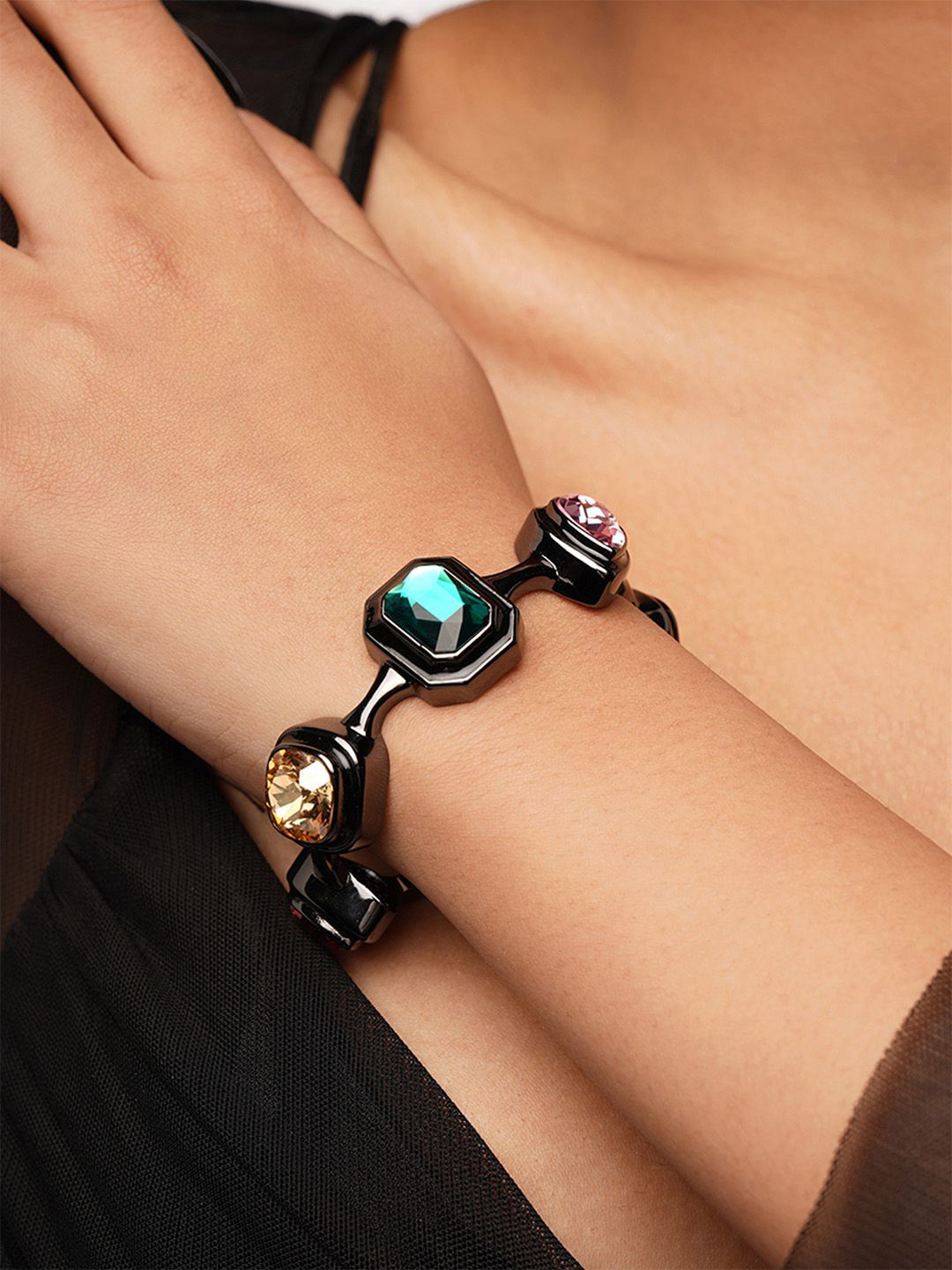 

Isharya Crystals Stone Studded Adjustable Cuff Bracelet, Black