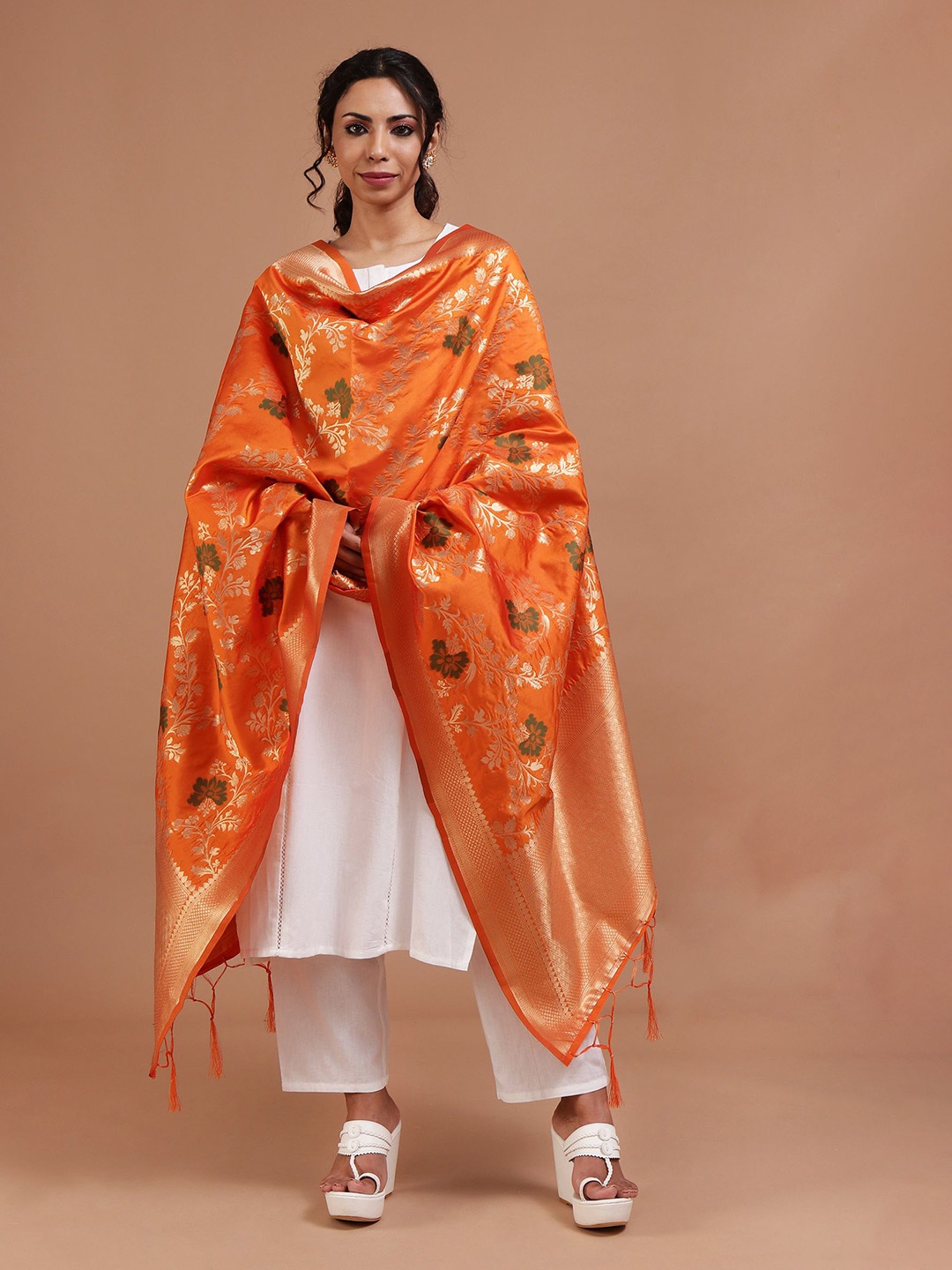 

TJORI Floral Woven Design Dupatta With Zari, Yellow