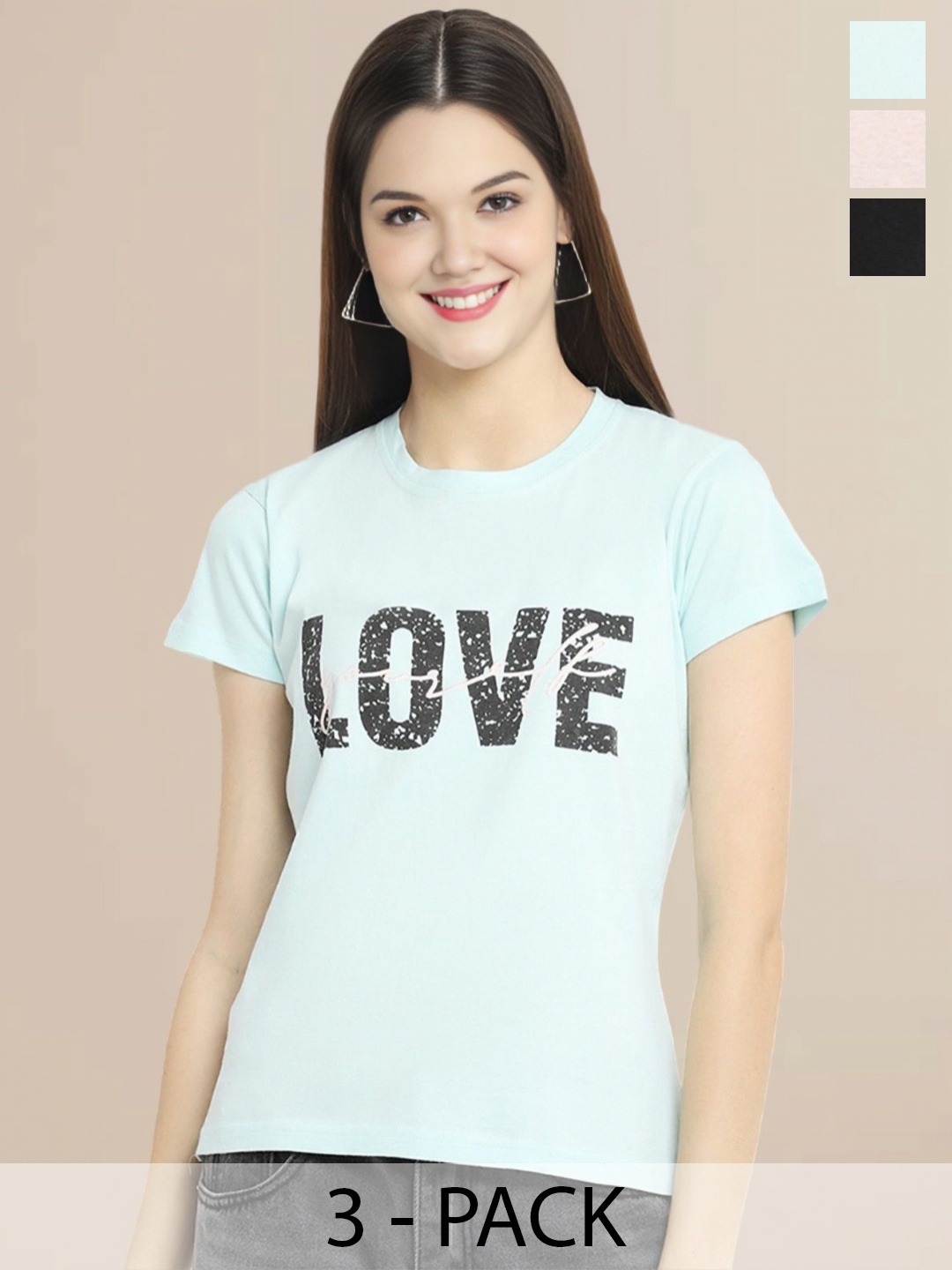 

Metronaut Women Pack Of 3 Typography Printed Round Neck Cotton T-shirts, Peach
