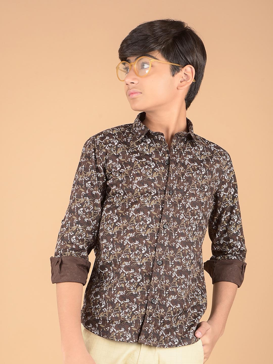 

Crimsoune Club Boys Premium Slim Fit Opaque Printed Casual Shirt, Brown