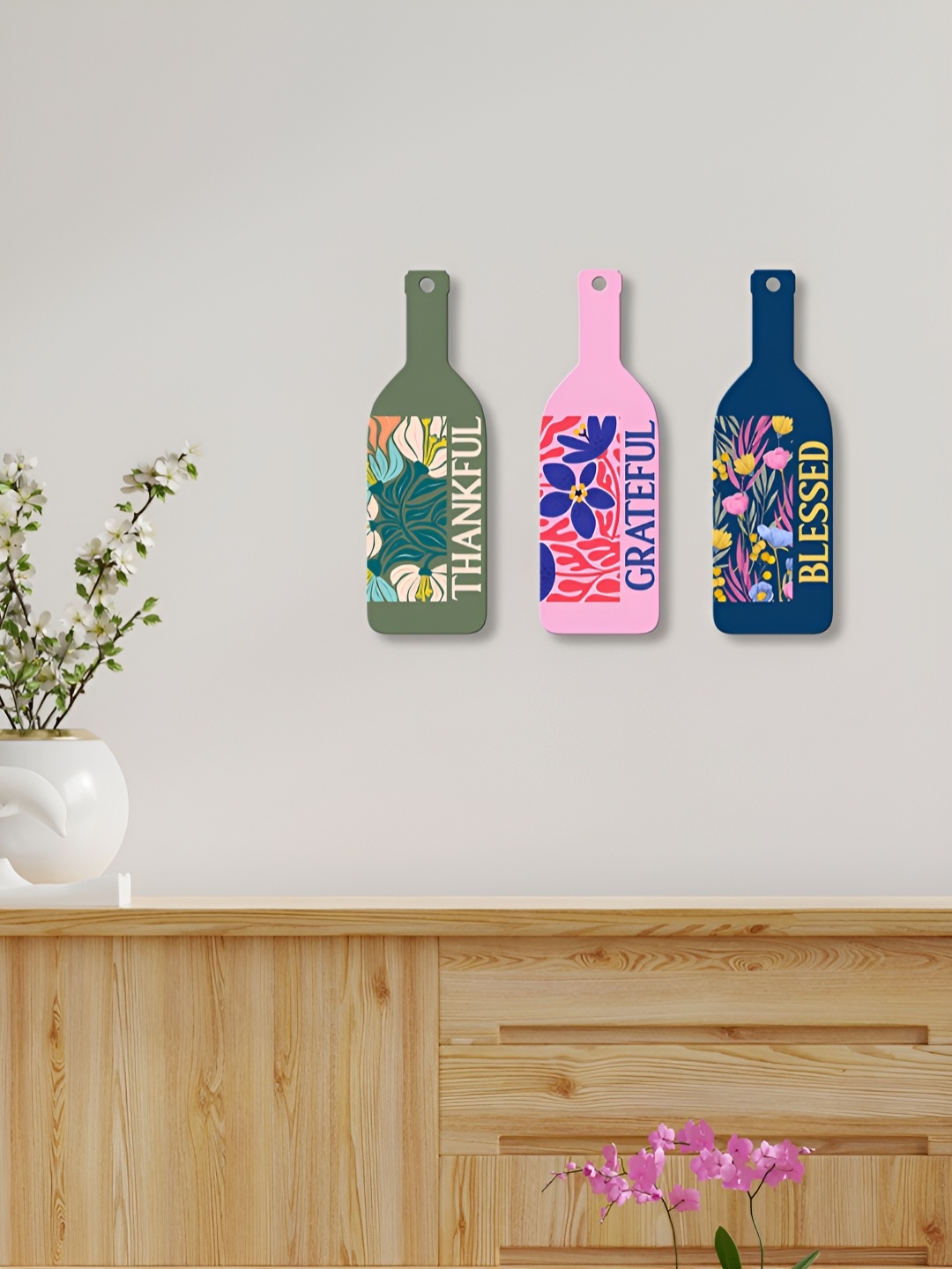 

ArtVibes 3-Pcs Pink & Green, Blue Set Of 3 Printed Wooden Wall Hanging