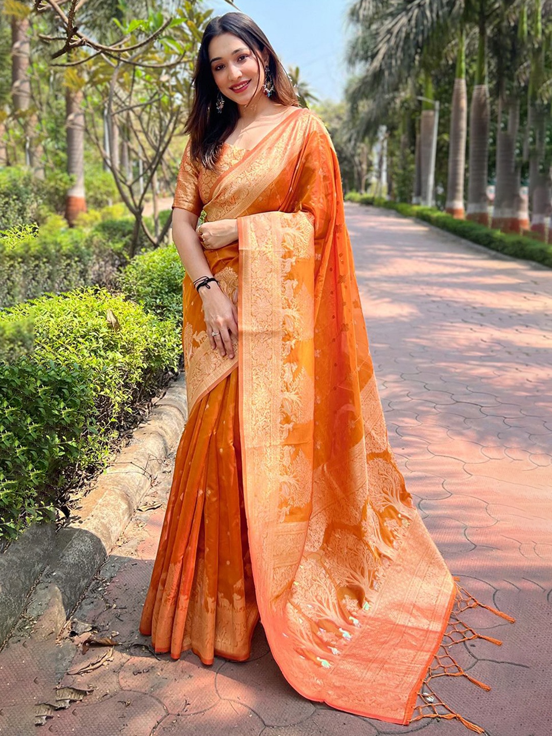 

DEVATITHI Floral Zari Organza Saree, Orange