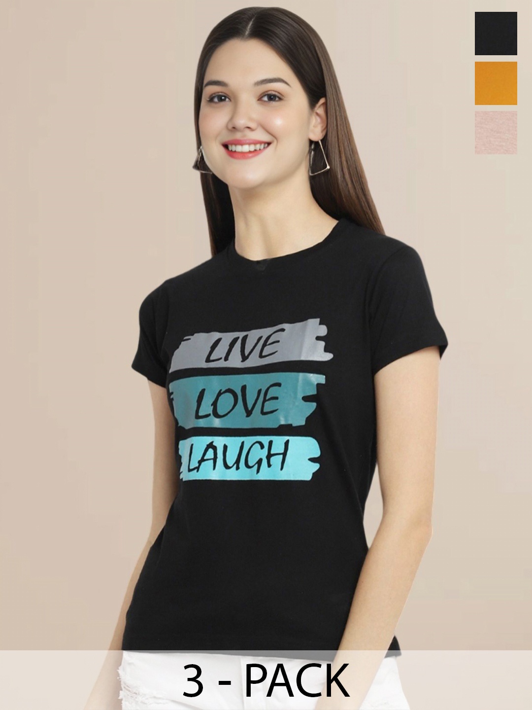 

Metronaut Women Pack Of 3 Typography Printed Round Neck Cotton T-shirts, Mustard