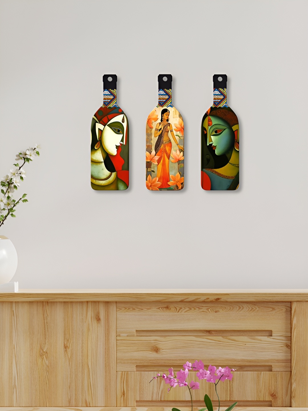 

ArtVibes 3Pcs Orange-Colored & Green Printed Wooden Wall Decor Hangings