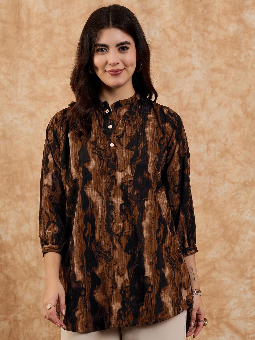 

Anouk Mandarin Collar Printed Tunic, Brown