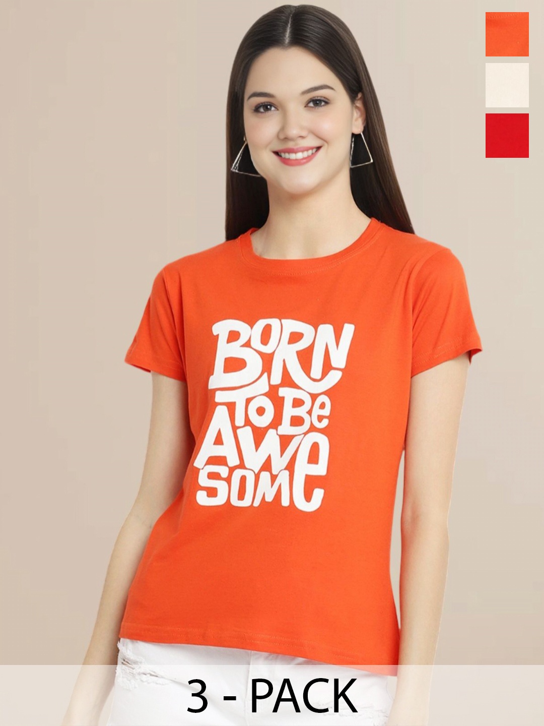 

Metronaut Women Pack Of 3 Typography Printed Round Neck Cotton T-shirts, Red