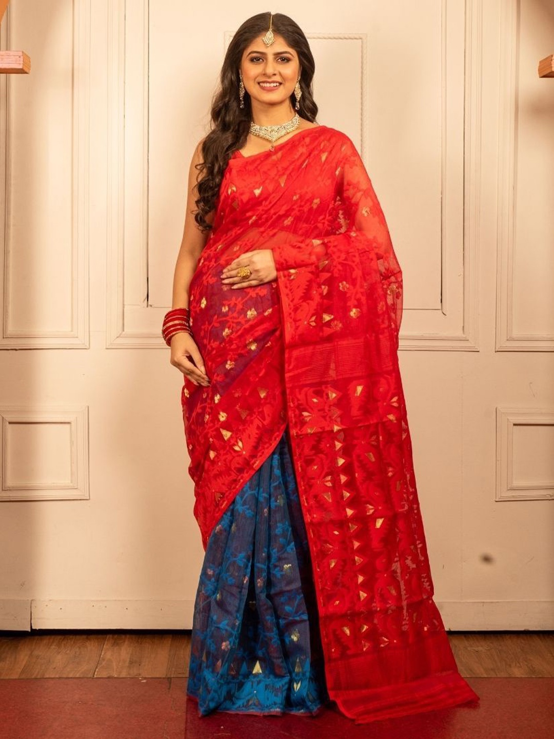 

8POURE Embellished Pure Cotton Half and Half Saree, Red