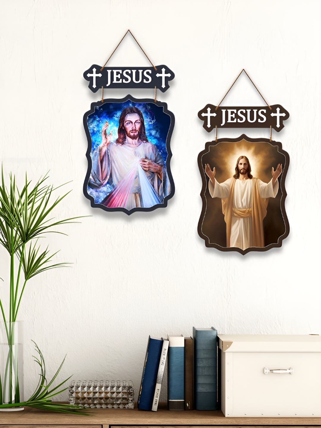 

ArtVibes Blue & Brown Set Of 2 Printed Wooden Wall Hanging