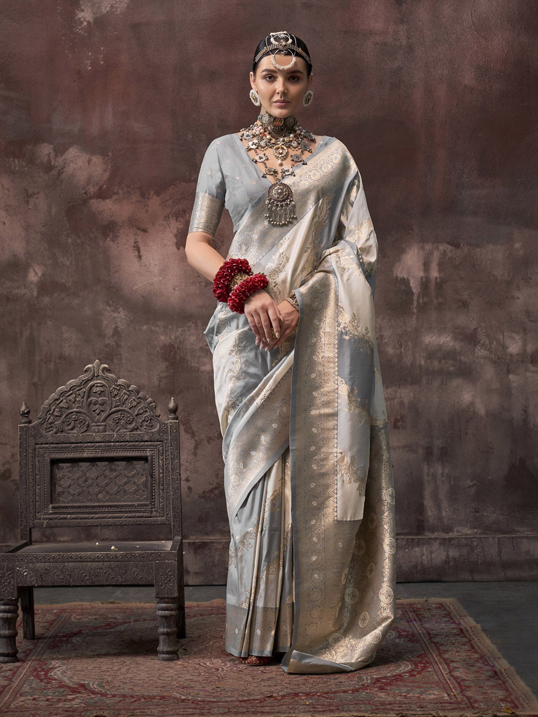 

Mitera Woven Design Zari Silk Blend Saree, Grey