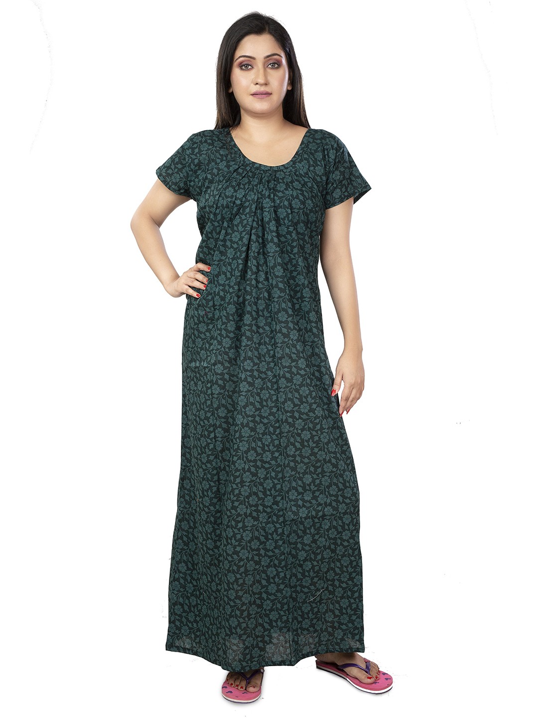 

Laa Calcutta Printed Pure Cotton Maxi Nightdress, Green