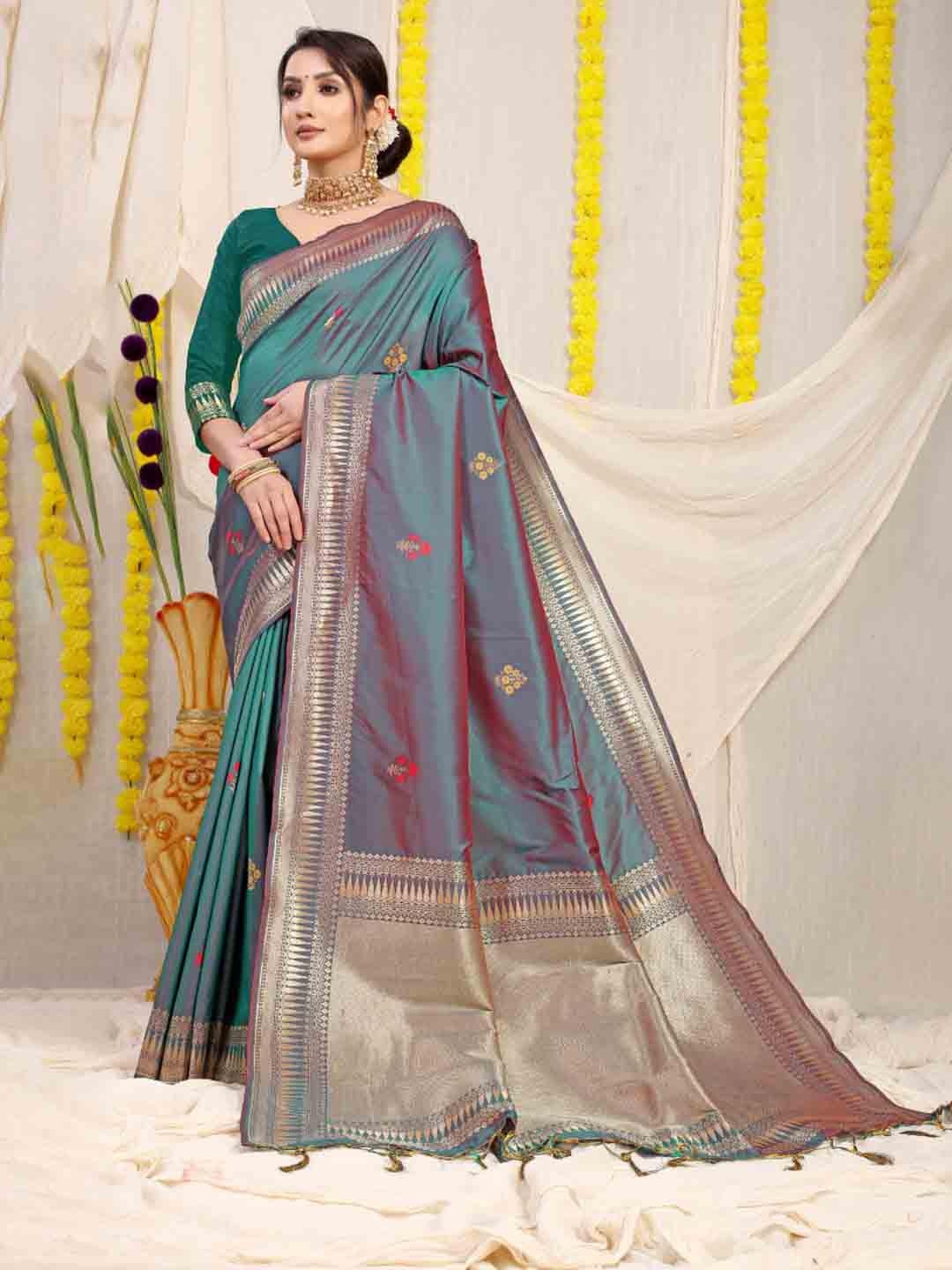 

Royal Rajgharana Saree Floral Pure Silk Banarasi Sarees, Teal