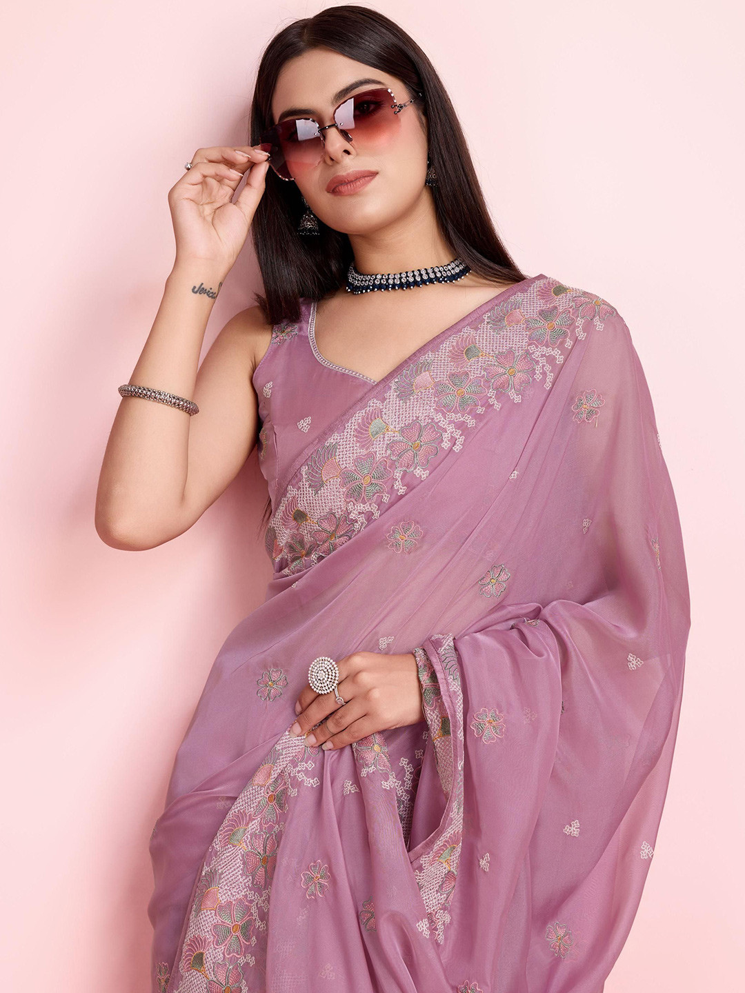 

HERE&NOW Floral Embroidered Organza Ready to Wear Saree, Pink