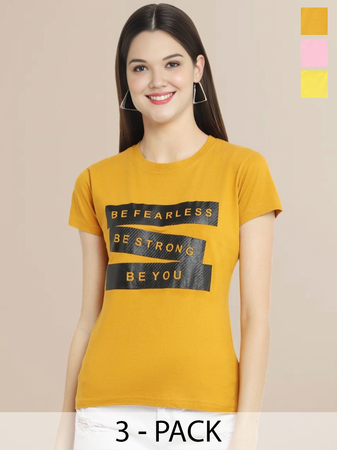 

Metronaut Women Pack Of 3 Typography Printed Round Neck Cotton T-shirts, Pink