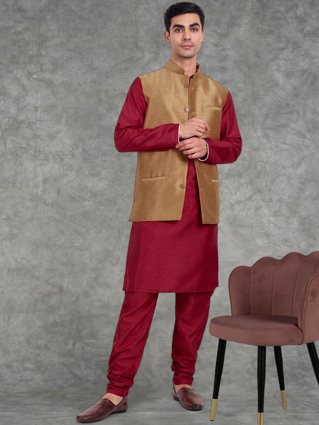 

SKAVIJ Men's Kurta Pajama Jacket Set, Brown