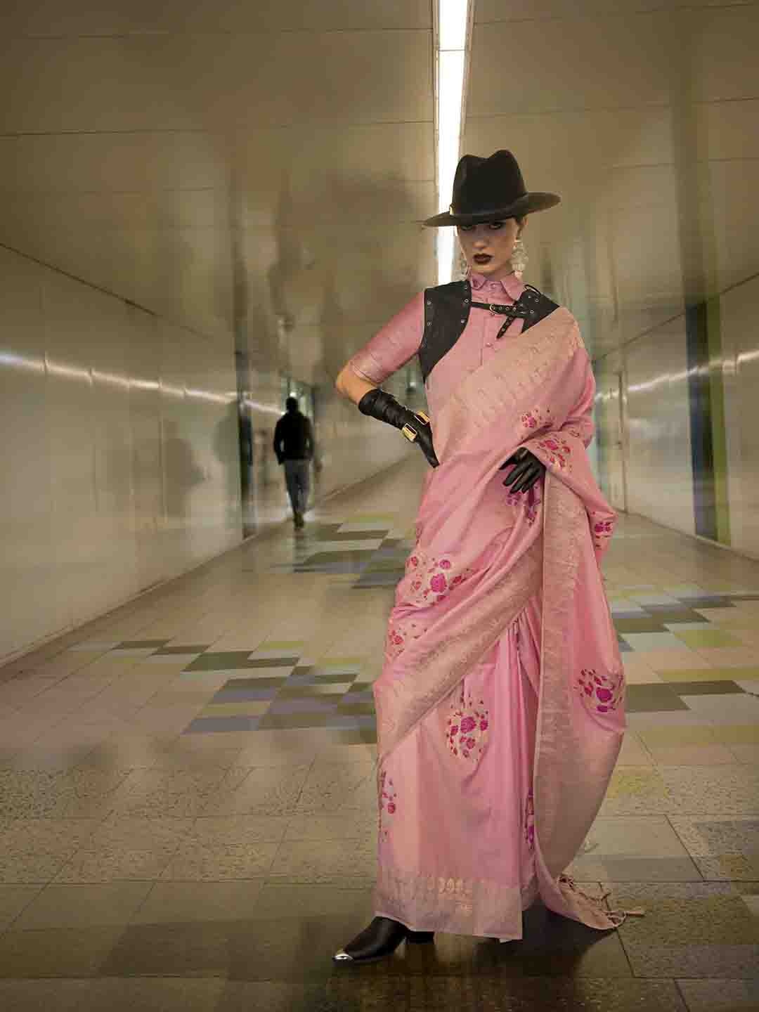 

Mitera Floral Zari Silk Blend Saree, Pink