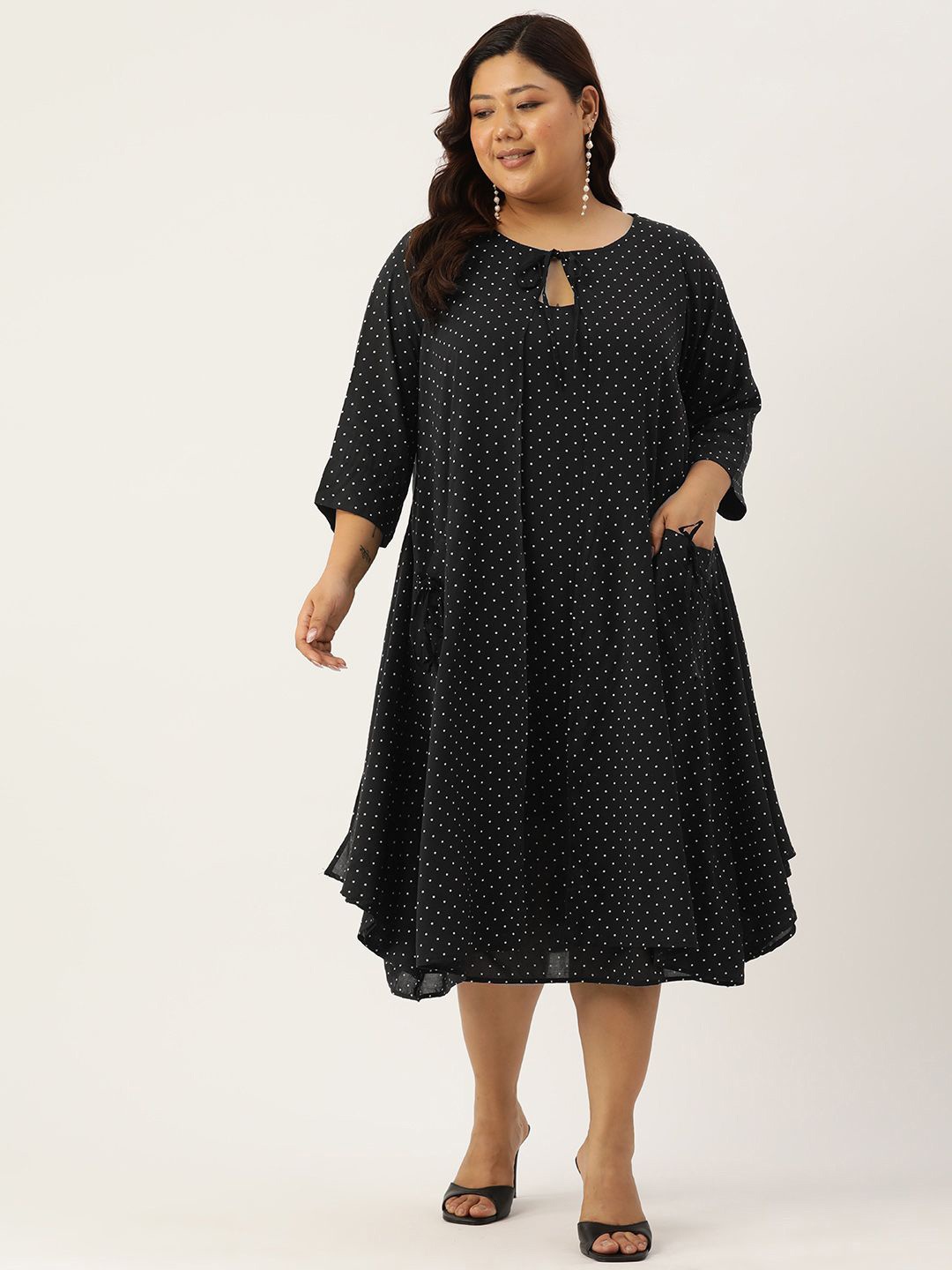 

theRebelinme Polka Dot Print Layered A-Line Midi Dress, Black