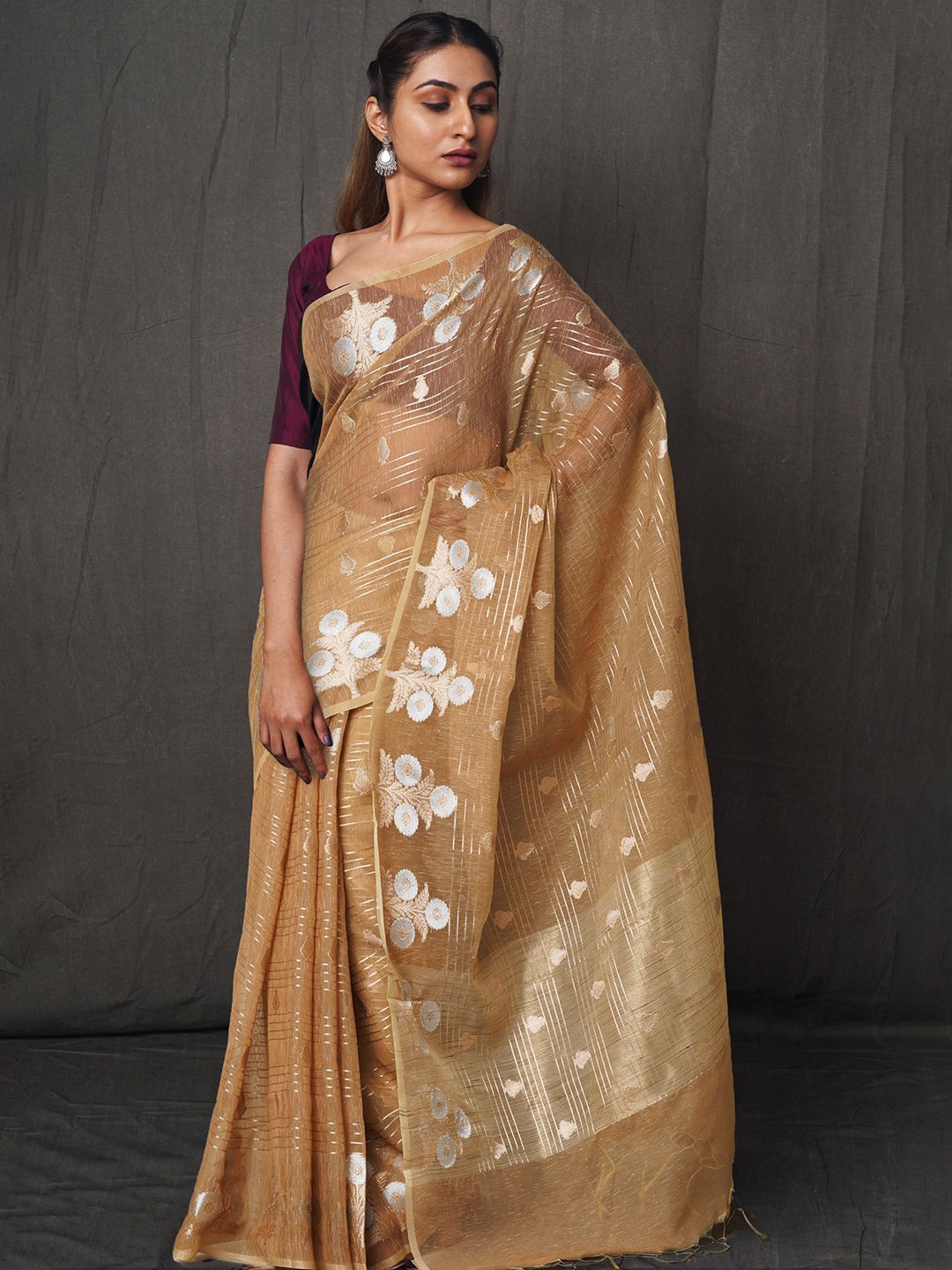 

Unnati Silks Woven Design Zari Silk Cotton Handloom Chanderi Saree, Brown