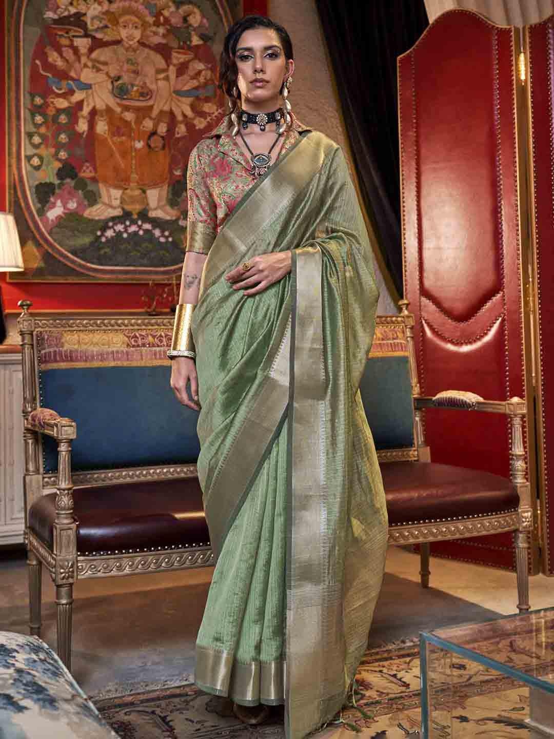 

Mitera Woven Design Zari Poly Chiffon Saree, Green