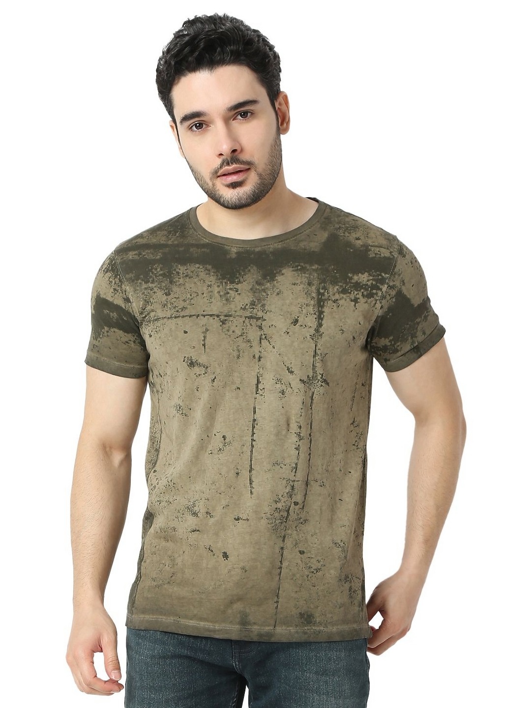 

SPYKAR Men Printed Raw Edge Slim Fit T-shirt, Green