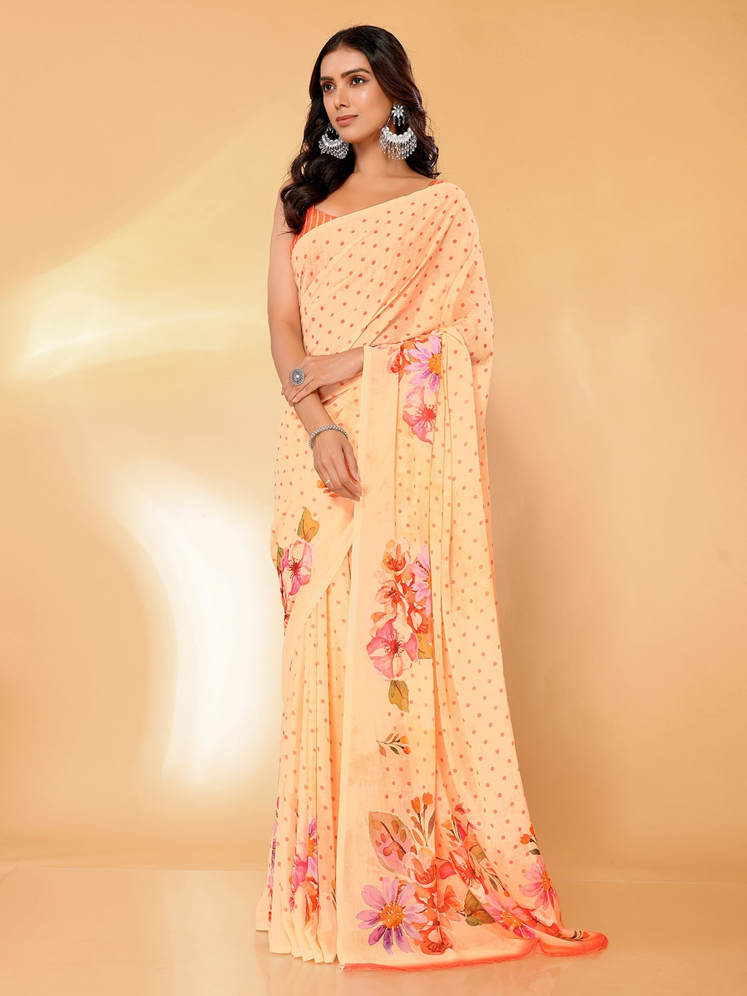 

KALINI Women's Georgette Floral Printed Daily Wear Saree with Blouse Piece, Peach