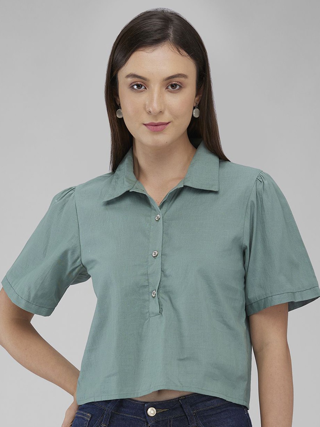 

IZEL Women Solid Cotton Casual Shirt, Green
