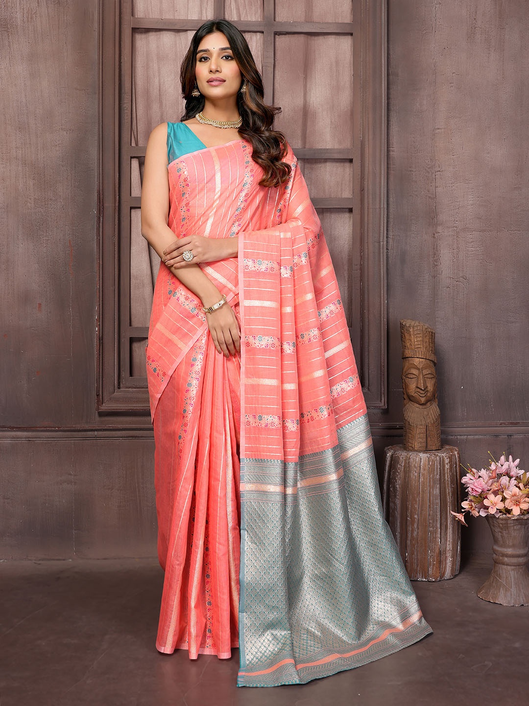 

KALINI Women's Cotton Ethnic Print Woven Design Jacquard Saree with Blouse Piece, Peach