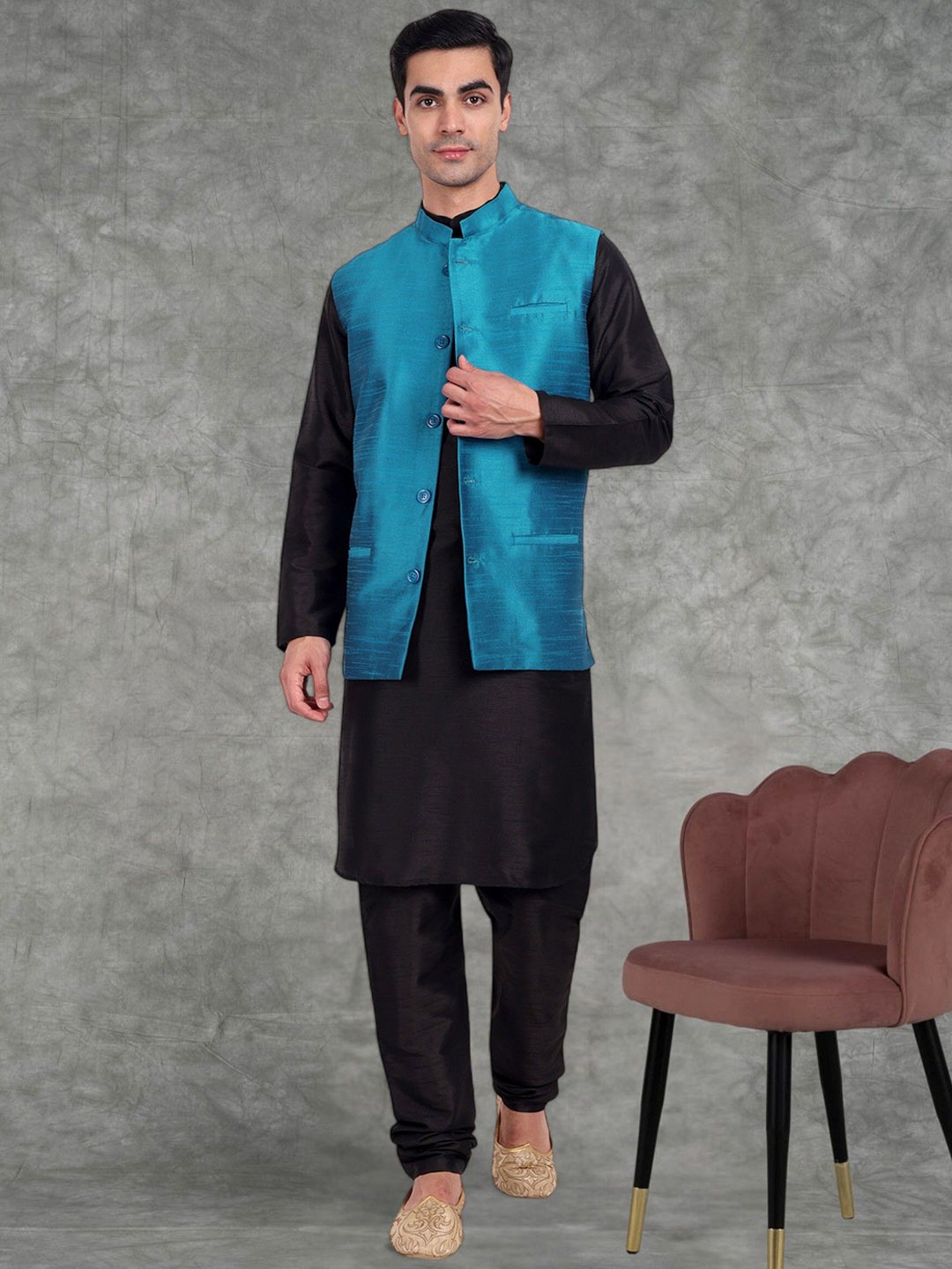 

SKAVIJ Men Regular Kurta Pyjama Jacket Set, Turquoise blue