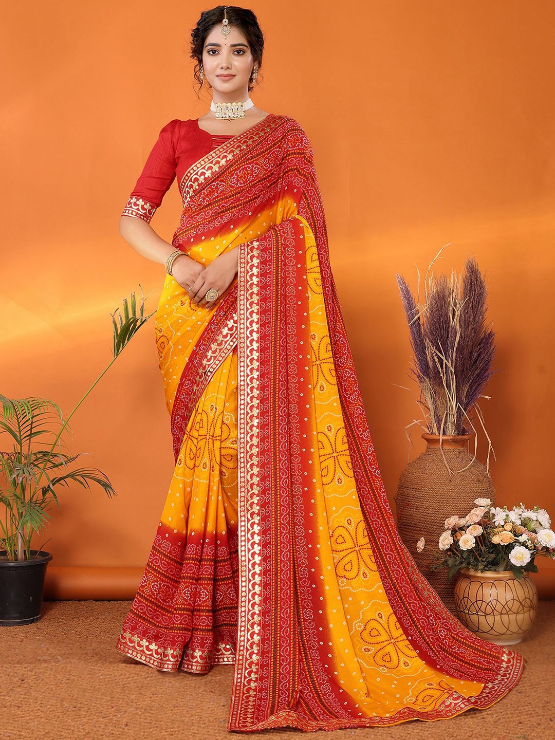 

KALINI Bandhani Zari Poly Georgette Saree, Red