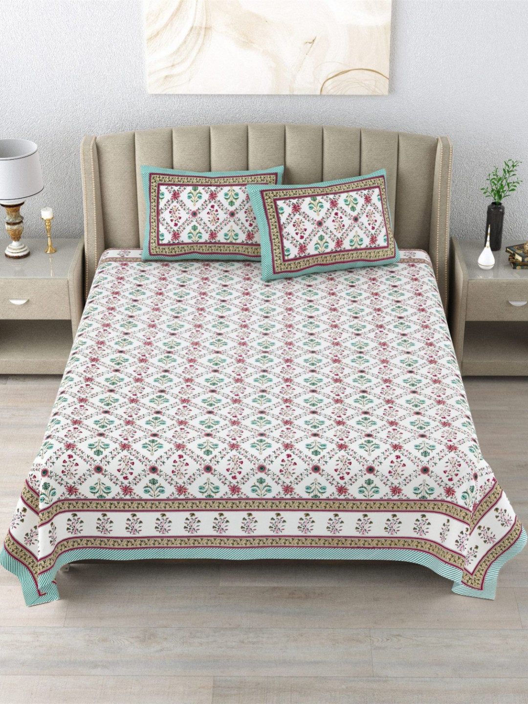 

DE CAMA White & Green Floral 210 TC King Bedsheet with 2 Pillow Covers