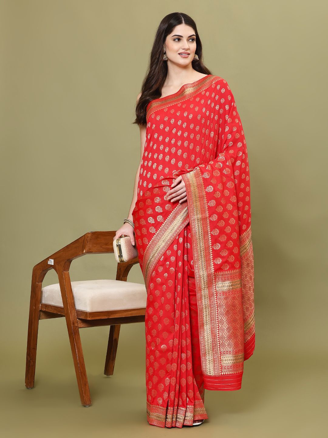 

Meena Bazaar Ethnic Motifs Woven Art Silk Banarasi Saree, Red