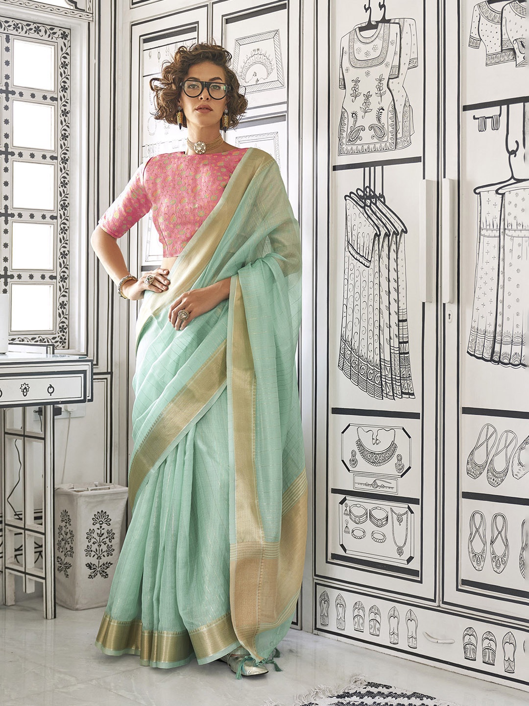 

Mitera Woven Design Zari Poly Chiffon Saree, Turquoise blue