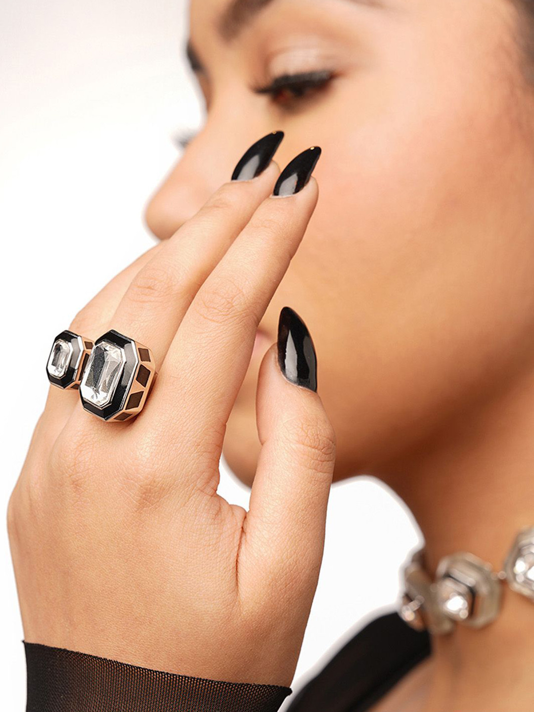 

Isharya Crystal Studded Adjustable Finger Ring, Silver